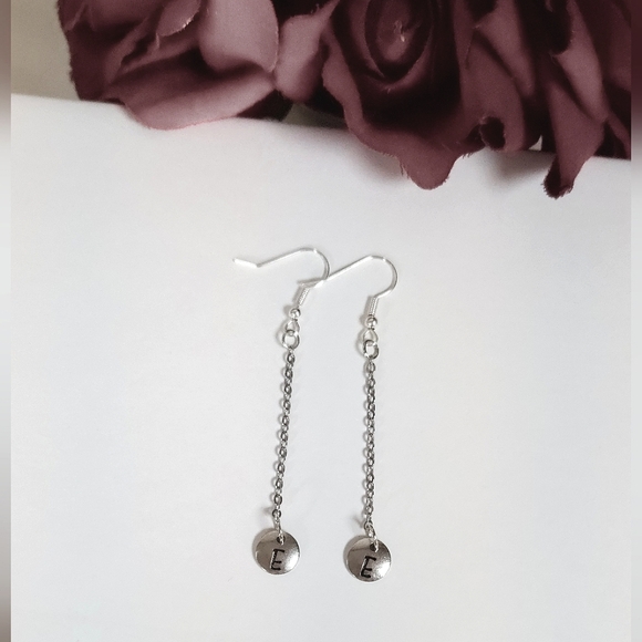Handmade Silver Letter Charm & Chain Dangle Earrings Personalized Initial Letter - Picture 2 of 10